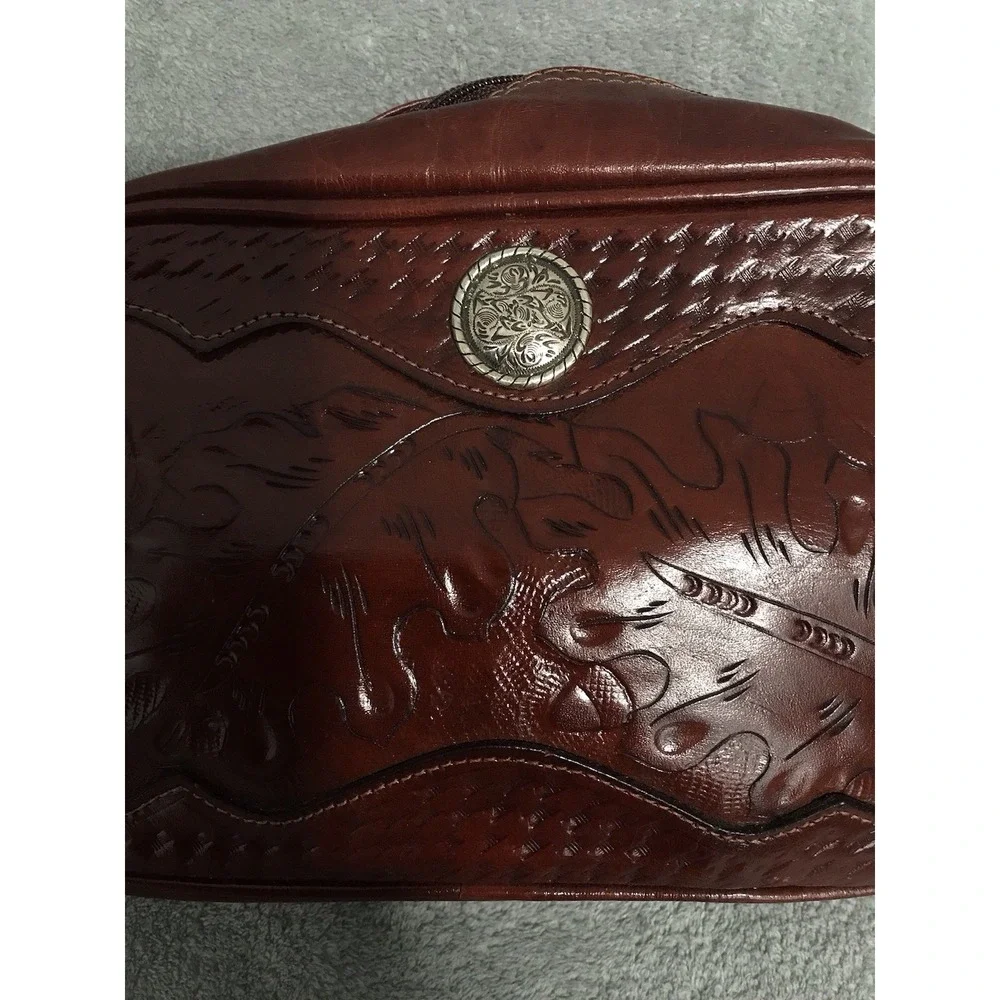 American West Embossed Tooled Leather Toiletry Cosmetic Bag Western Leaf Style